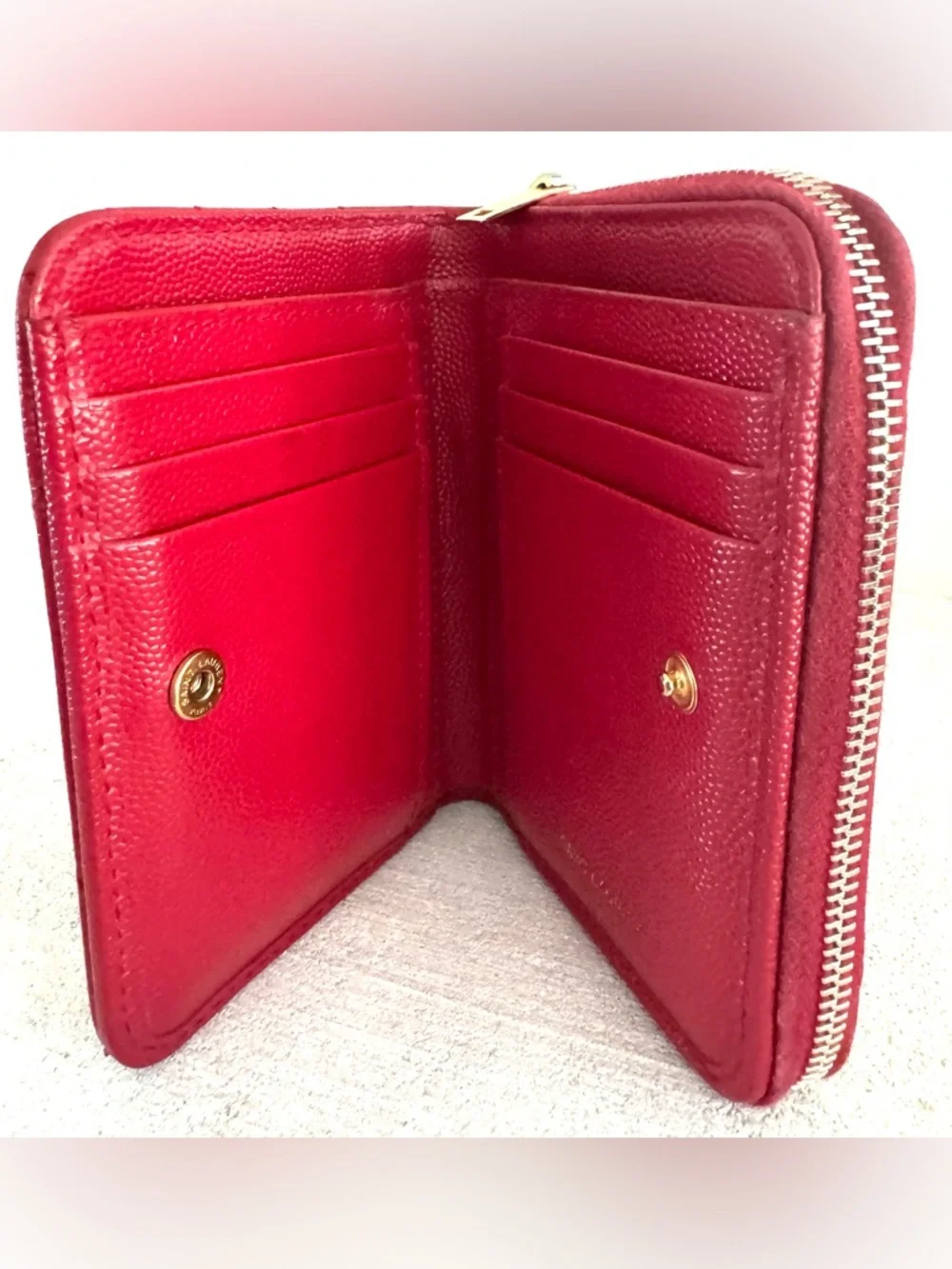 SAINT LAURENT YSL Paris Red Caviar Chevron Compact Bifold Zip Wallet - Picture 6 of 10